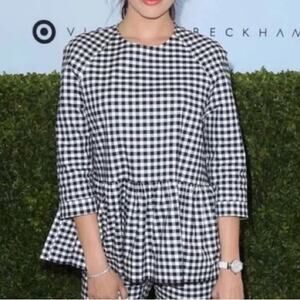 Victoria Beckham Navy White Check Blouse w/Peplum Size L